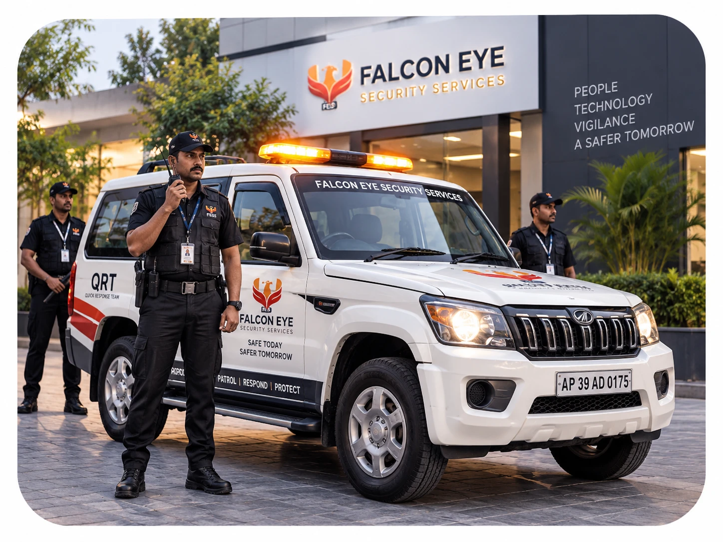 Falcon Eye QRT vehicle and guards on standby outside a client site